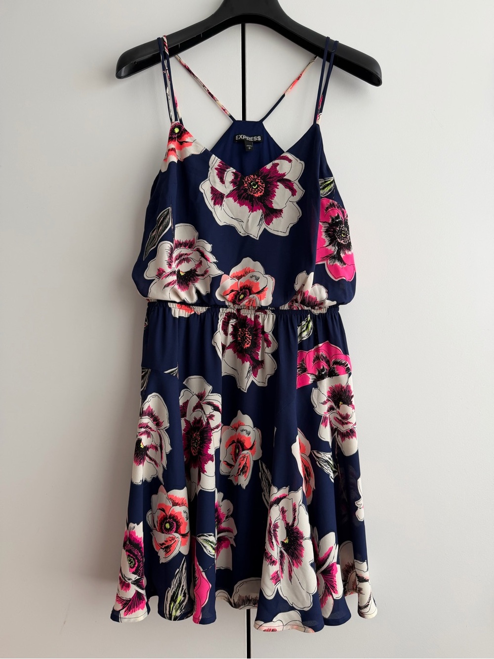 Express Women’s Navy Floral Mini Dress with Neon Pink & White Blooms